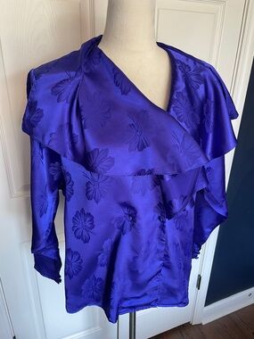 Vintage Alexandria Royal Blue Ruffled Neck Floral Satin Blouse Size 12